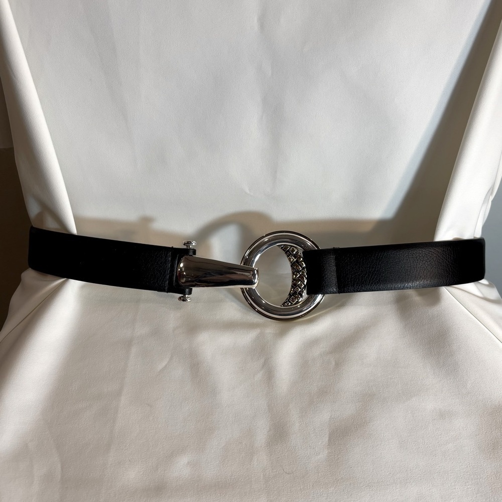 CHICO’S Belt Sz S/M Mixed Metal Interlock Buckle Leatherer Backing